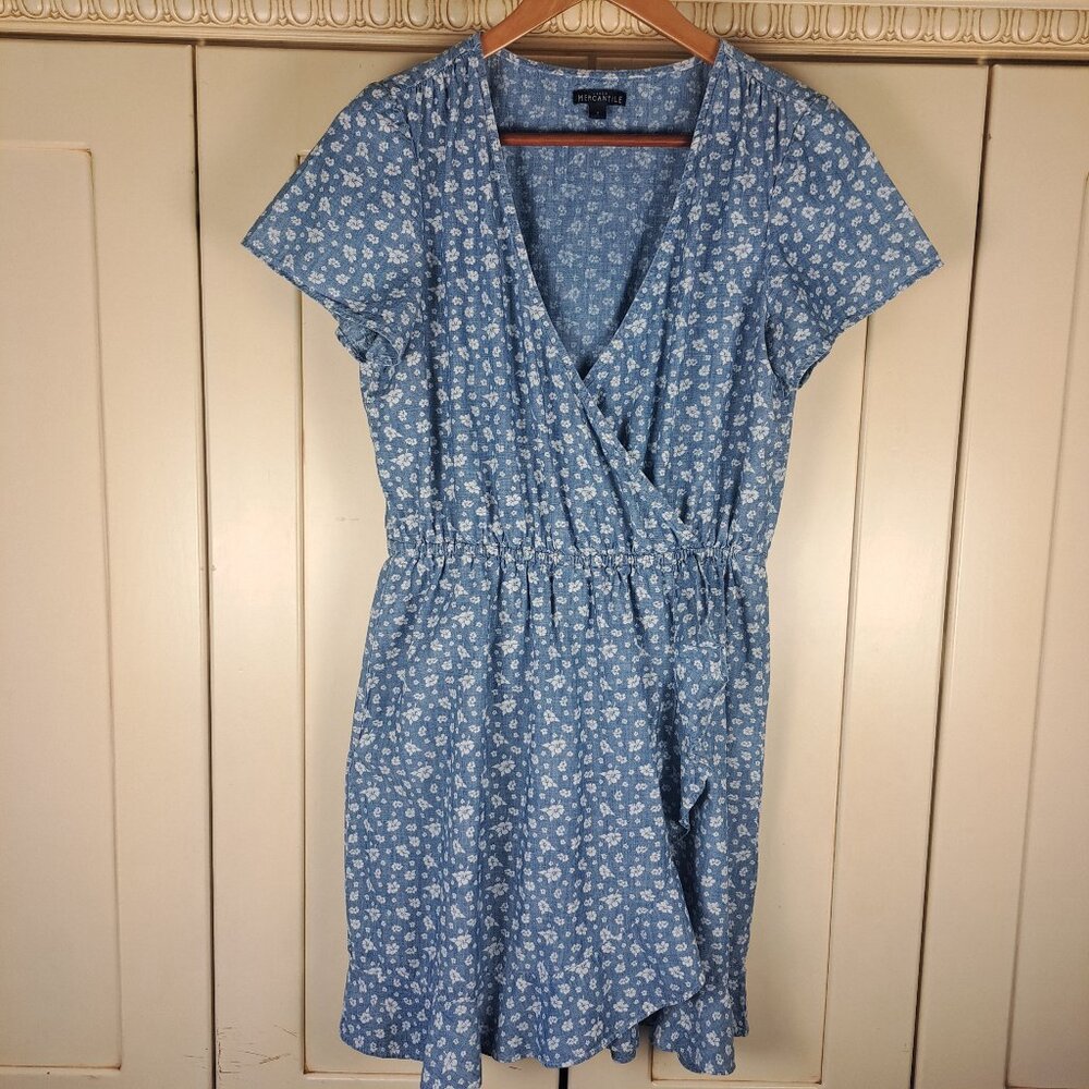 J Crew Chambrey Blue Floral Faux Wrap Ruffle Cotton Short Sleeve Dress Sz Small